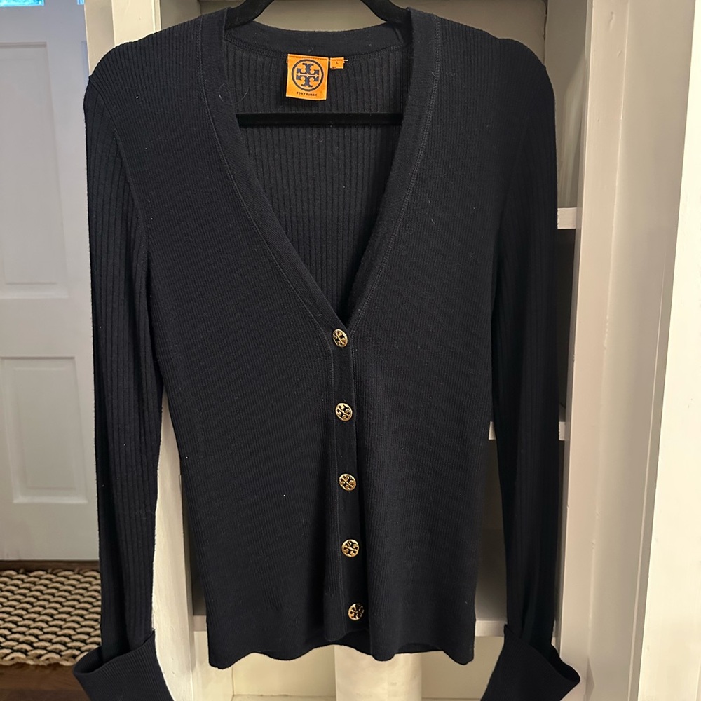 Tory Burch Navy Merino Wool Cardigan with Gold Buttons size Large